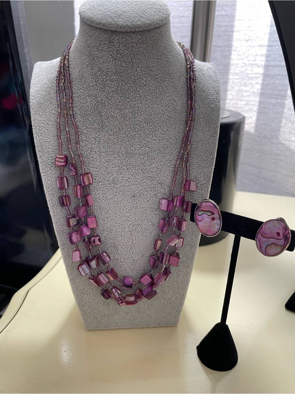 Purple Multi-Strand Shell Bead Necklace and Earrings Set